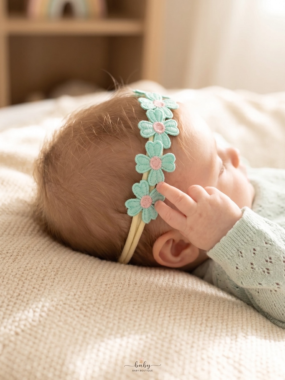 Cottagecore Pastel Daisy Embroidered Infant Headband Mint